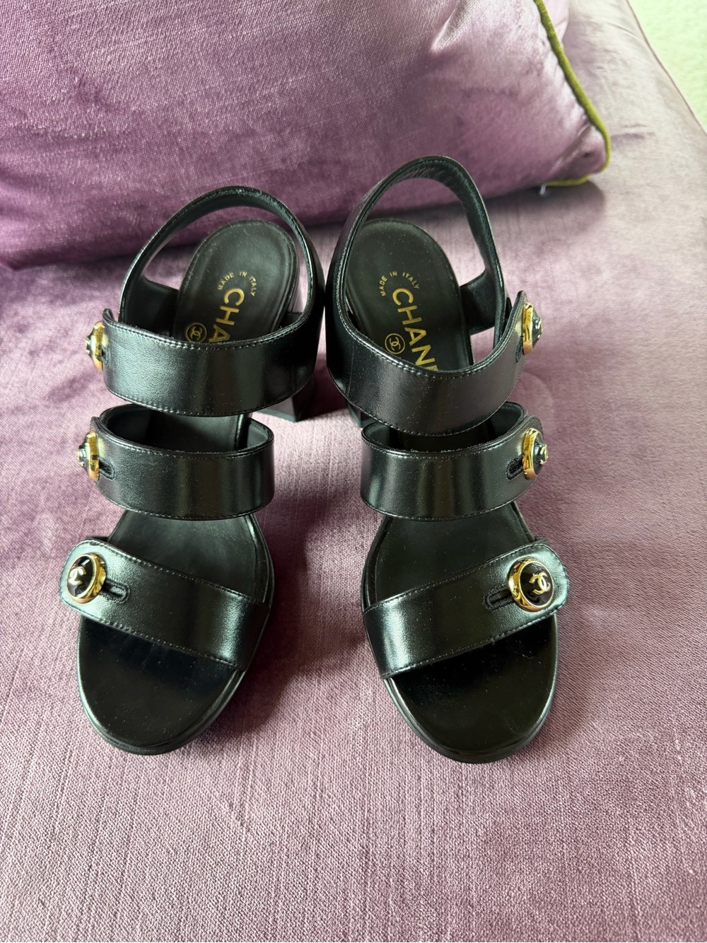 CHANEL Black Leather Triple-Strap Heels with Gold CC Hardware